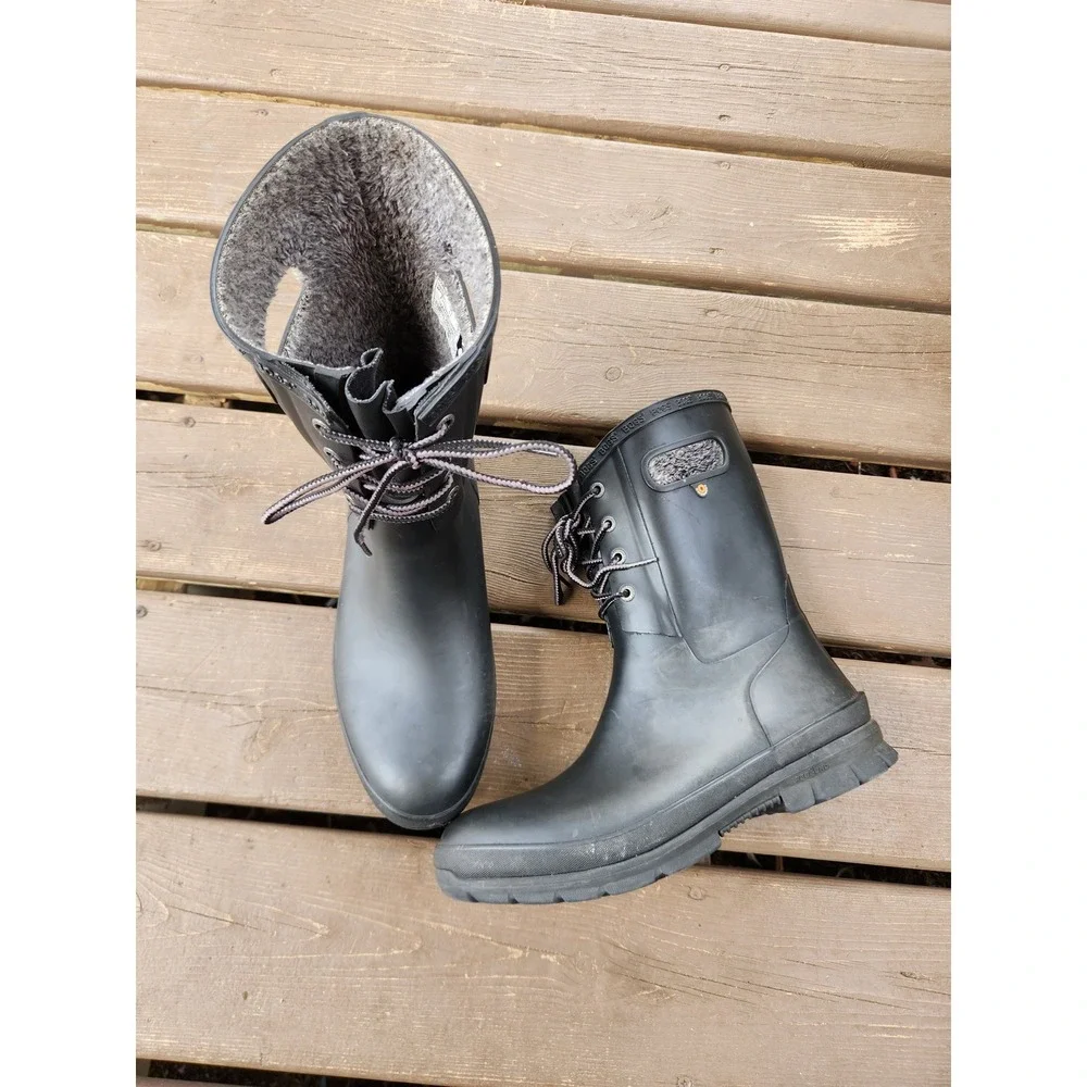 Bogs Amanda II Lace-up Rubber Rain Boots Black Waterproof Faux Fur Lined Women 9